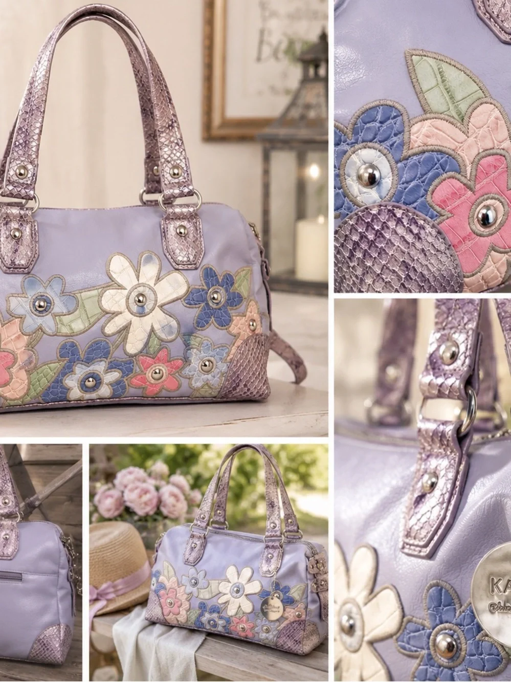 Kathy Van Zeeland  Lavender Floral Applique Satchel with Metallic Trim